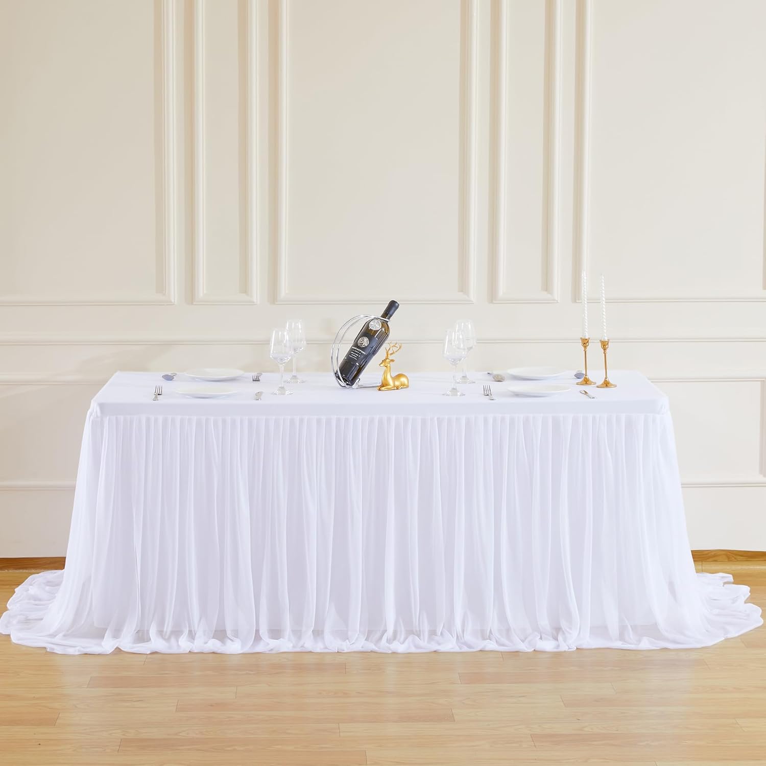 Besutolife 4FT White Tulle Tablecloth for Rectangle Tables for Wedding Birthday Party Bridal Shower White Tutu Ruffle Table Cloth for Cake Dessert Buffet Banquet Dinner Table Decorations