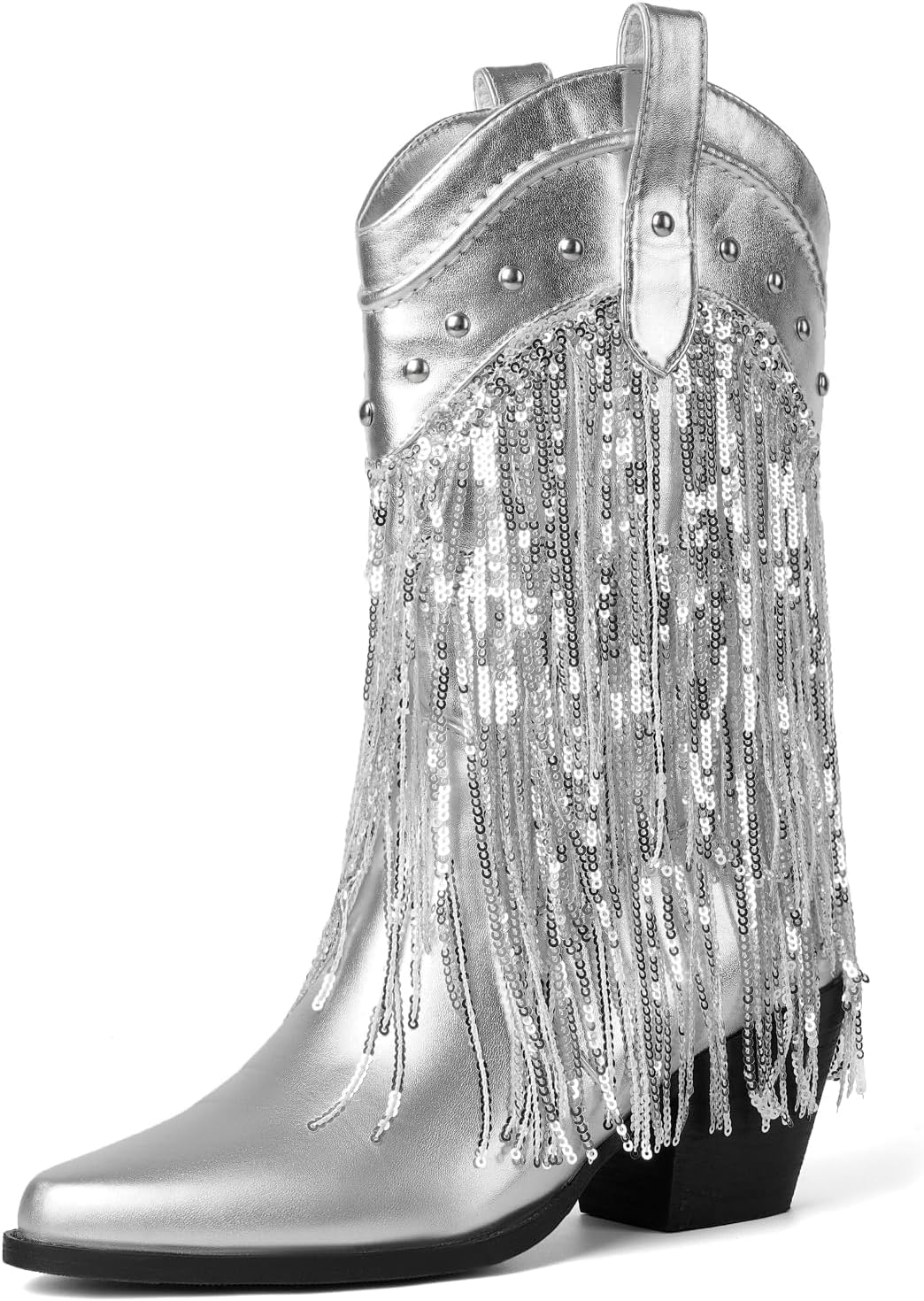 BIUBAKUA Fringe Silver Cowboy Boots for Women Glitter
