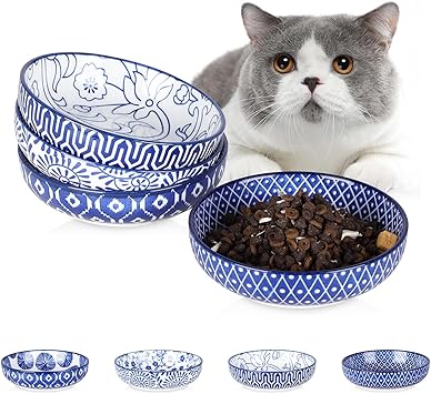 Selamica Ceramic Cat Food Bowl Set of 4, 5.6 Inch Wide Shallow Cat Bowls/Dishes for Food and Water, Vintage Blue