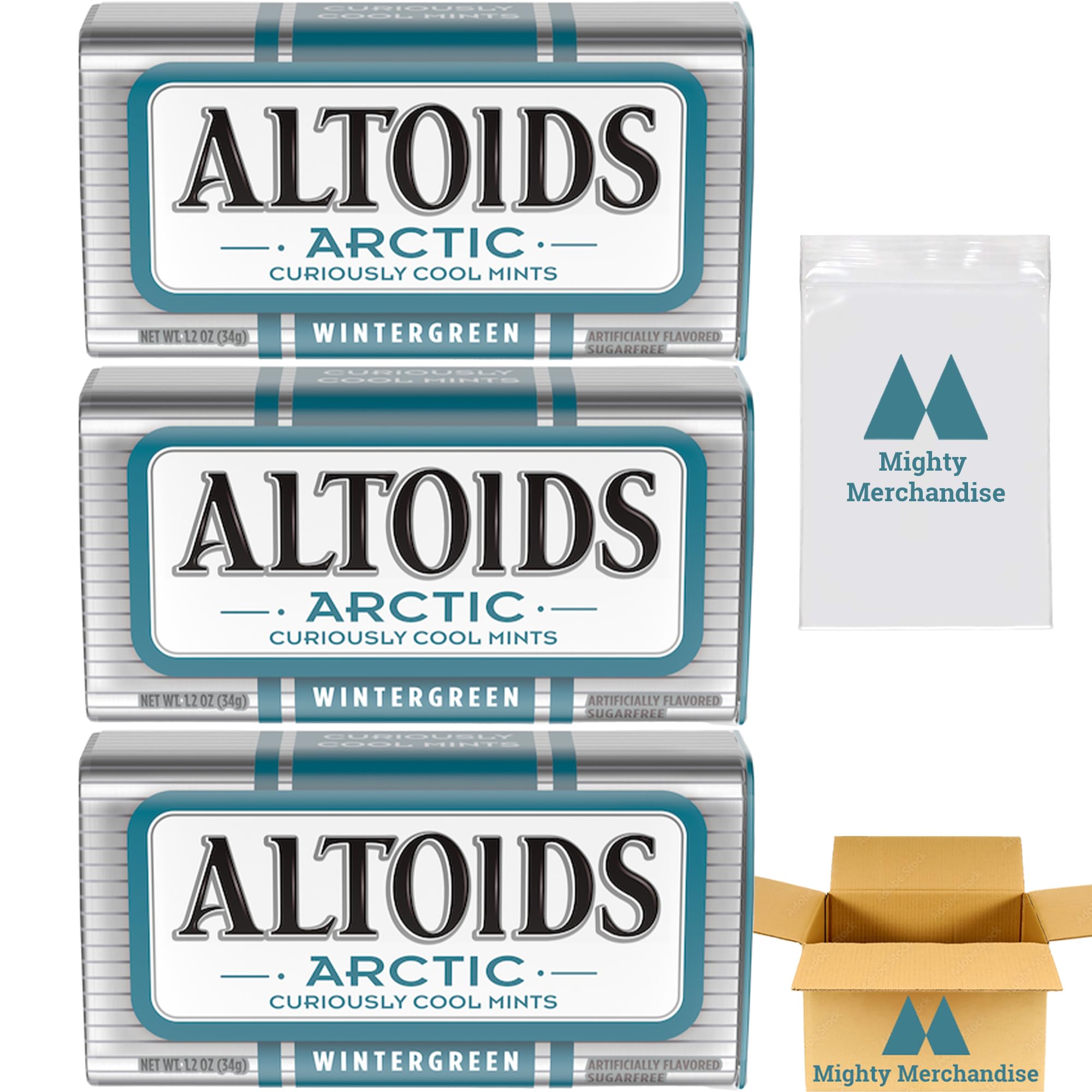 Altoids Arctic Wintergreen Mints | 1.2 oz Tins (Pack of 3) | Sweet and Refreshing | Ideal for Everyday Freshness | With Mighty Merchandise Pocket Snack Bag