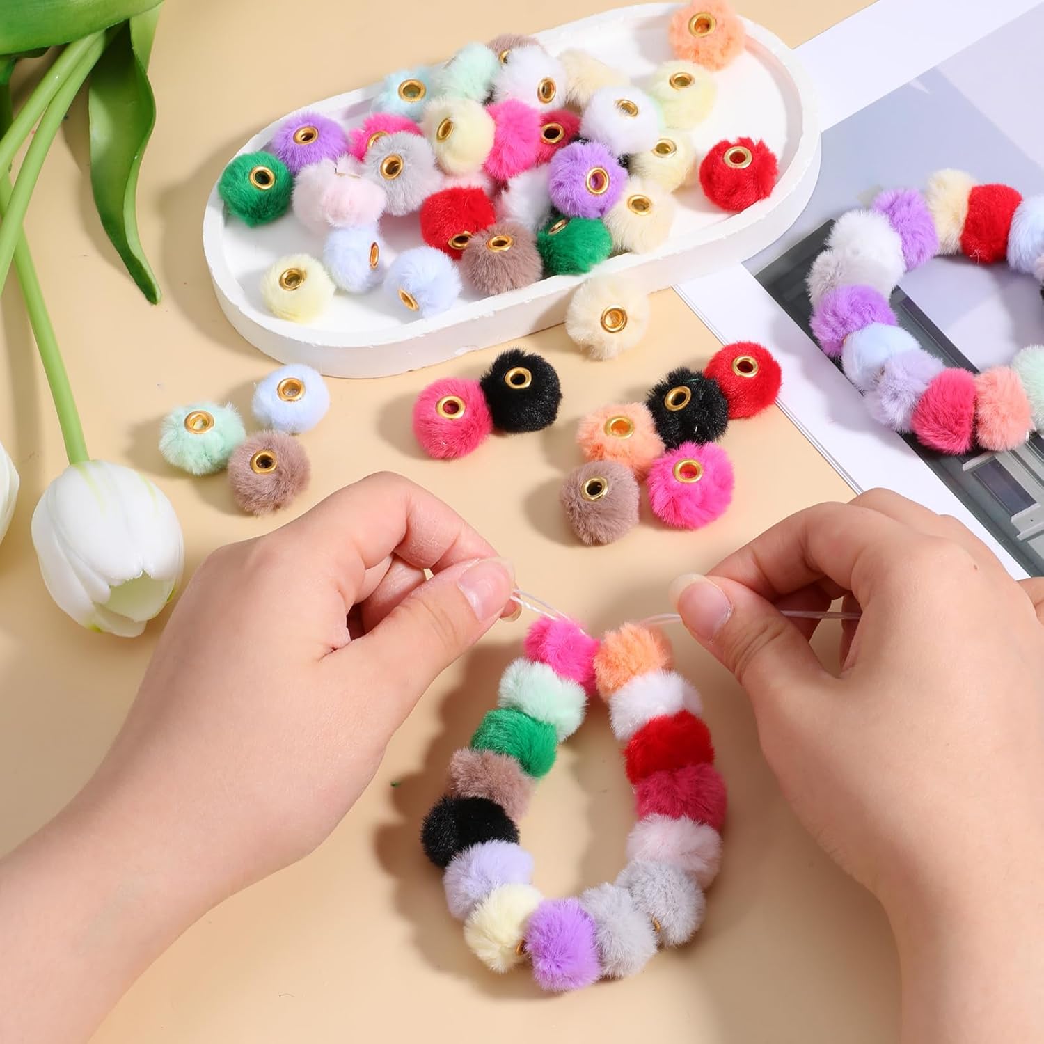 Pom Pom Beads 80 Pcs Fuzzy Spacers Bead Mixed Color Puff Bead Fluffy Faux Fur Pompoms Beads Soft Faux Fur Poms for DIY Jewelry Key Chain Handicrafts Pens Craft Accessories - Image 4