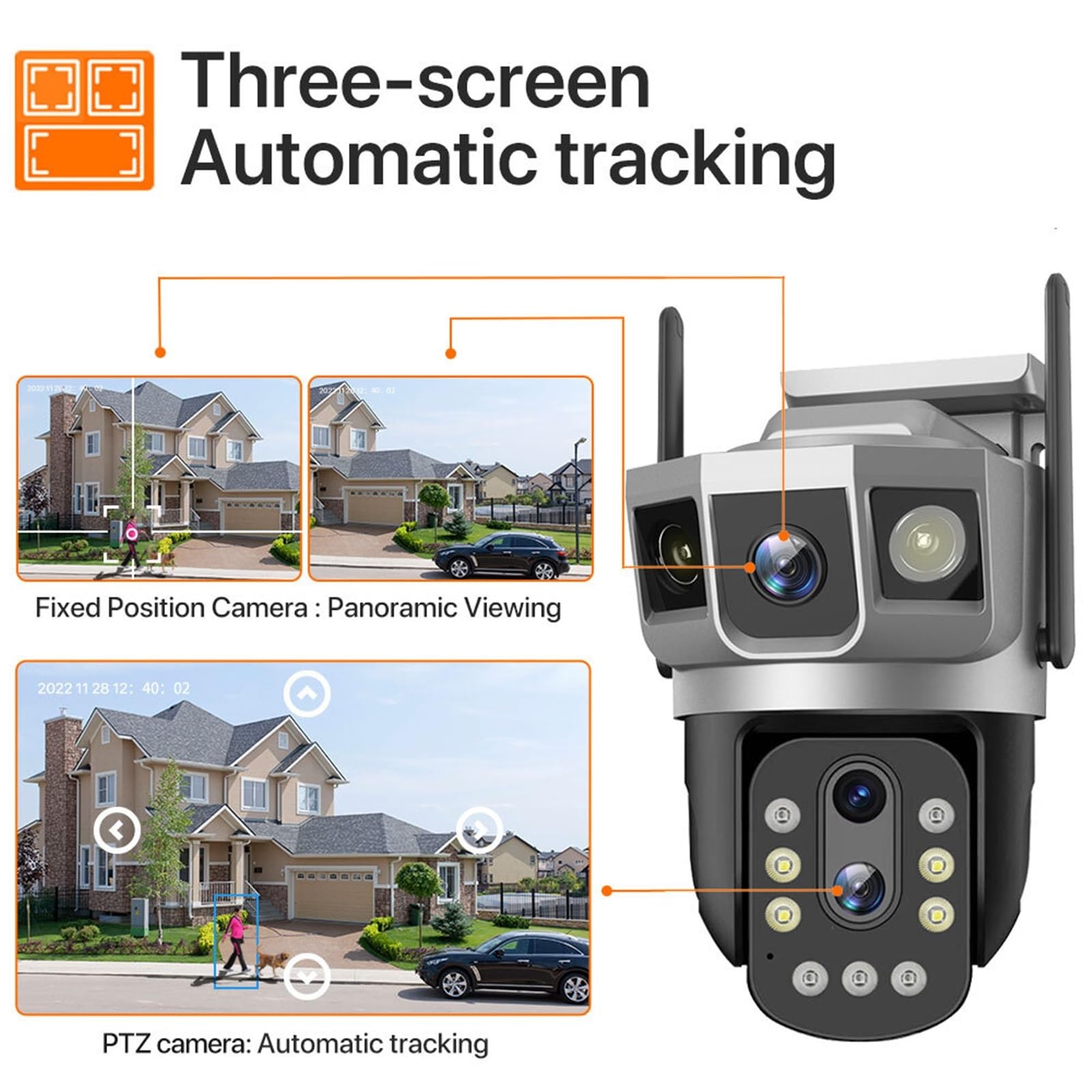 Telecamera di sicurezza, Telecamera IP 4G/WiFi a tre schermi da 2 MP, zoom ottico 10x, PTZ, monitoraggio automatico, visione notturna a colori, protezione di sicurezza wireless, monitor(128GB Card)