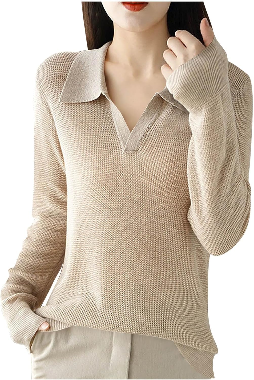 Womens Long Sleeve Sweaters Tops Solid Lapel Polo V Neck Knit Casual Soft Pullover Shirt Fall Fashion Outfits