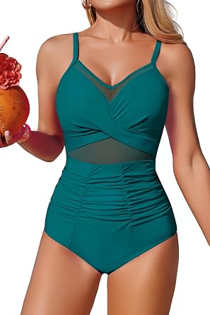 Sexy One Piece Swimsuit for Women Mesh Tummy Control Bathing Suit Modest Full Coverage Slimming Ruched Swimwear 2026