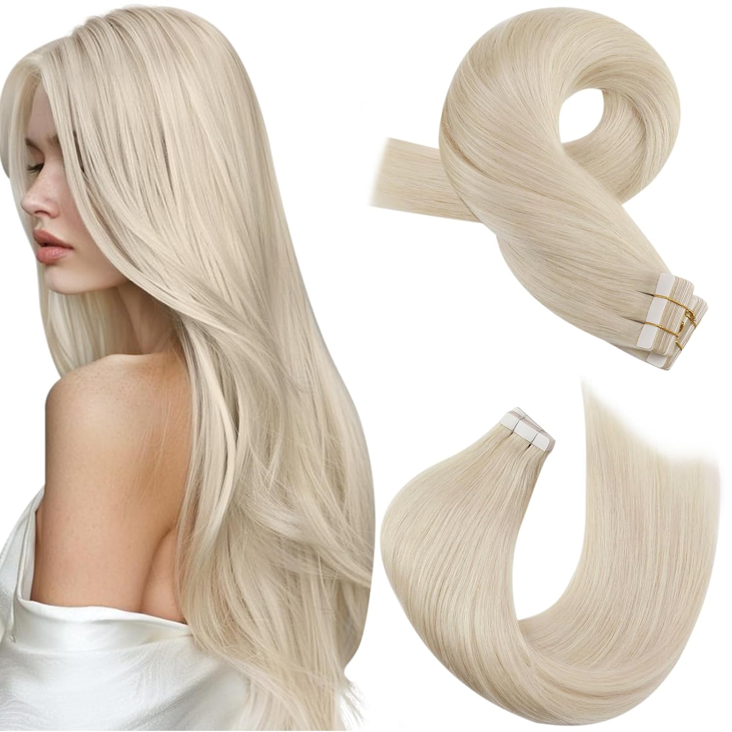 Moresoo Blonde Tape in Hair Extensions Human Hair 20Pcs Platinum Blonde Hair Extensions Tape in Real Hair 40G Silky Thick Tape in Human Hair Extensions 14 Inch Color #60