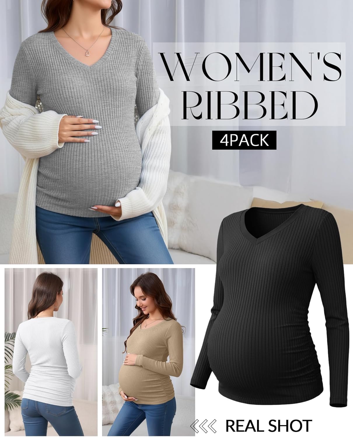 4 Pack Women's Maternity Shirts, Cotton Long Sleeve Pregnancy Tops Ribbed V Neck Slim Fit Maternity Clothes - Image 6