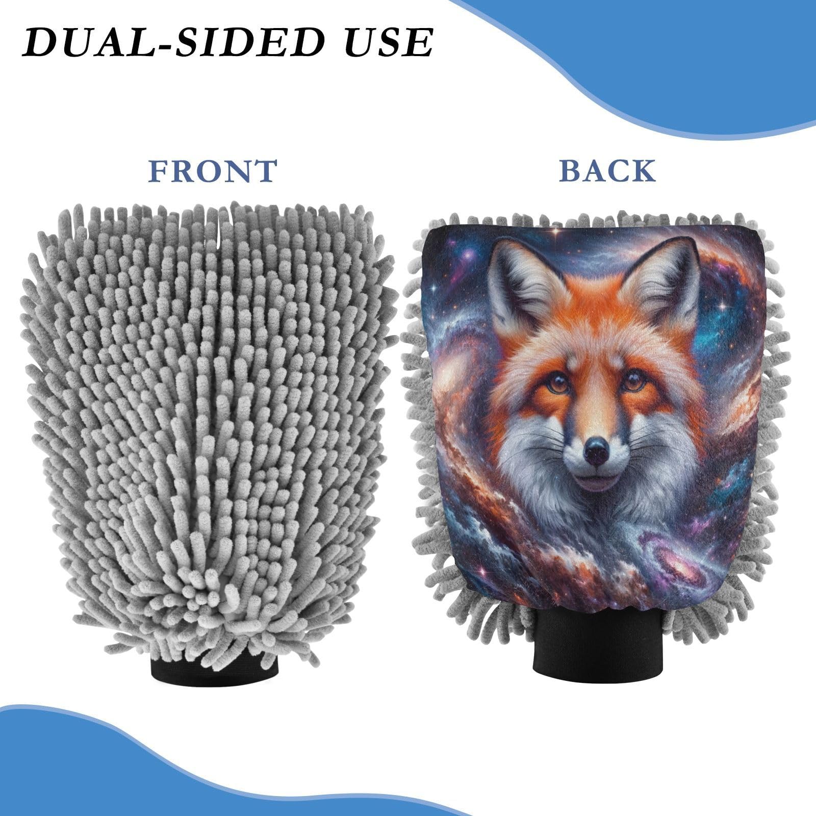 ALAZA Fox Galaxy Nebula Car Wash Mitt Scratch Free, 2 Pack Absorbent Microfiber/Chenille Washing & Drying Mitts, L
