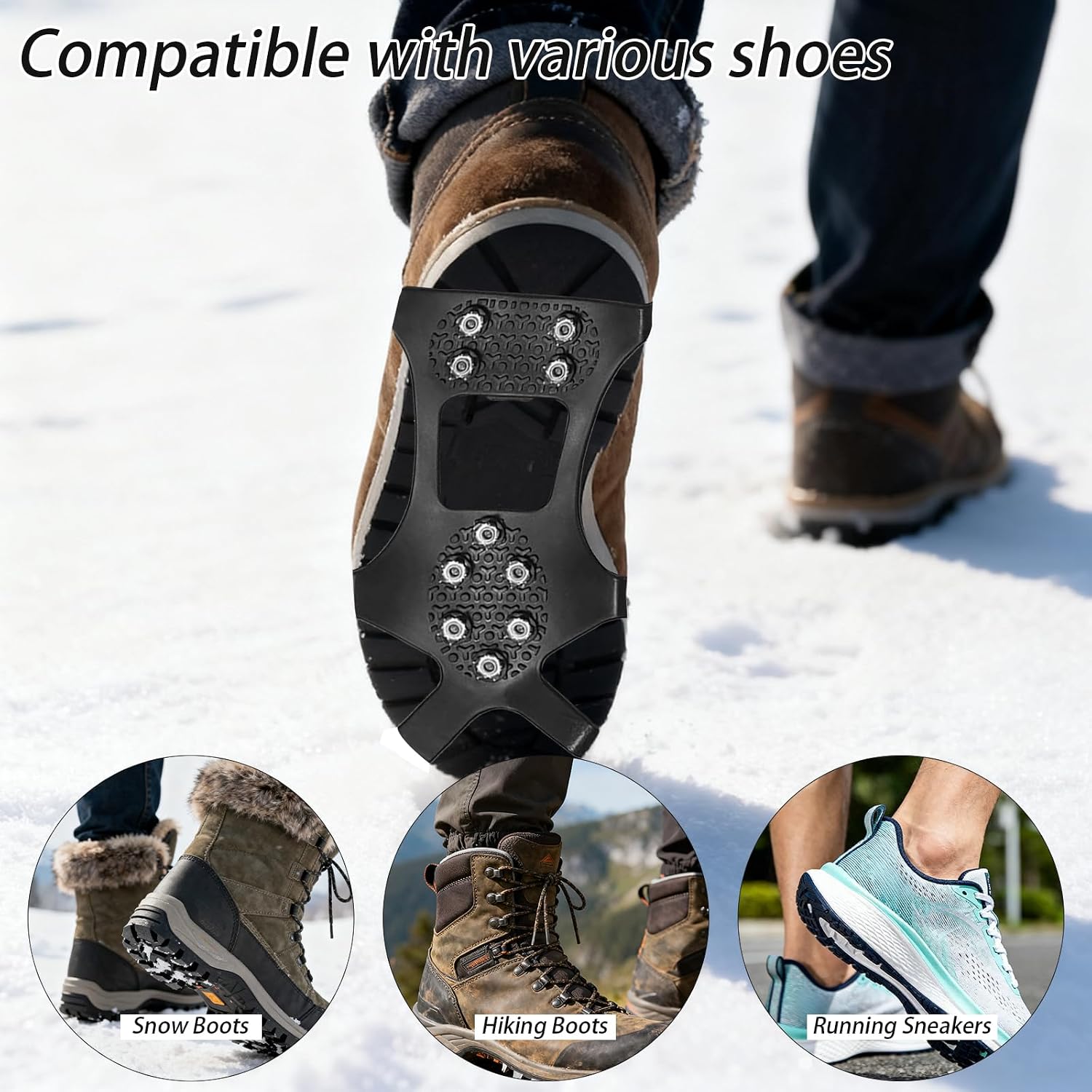 2 Sets Anti-Slip Shoe Spikes for Snow and Ice – Durable Rubber Shoe Covers with Steel Studs, Ice Grippers for Winter Walking, Hiking, and Outdoor Work