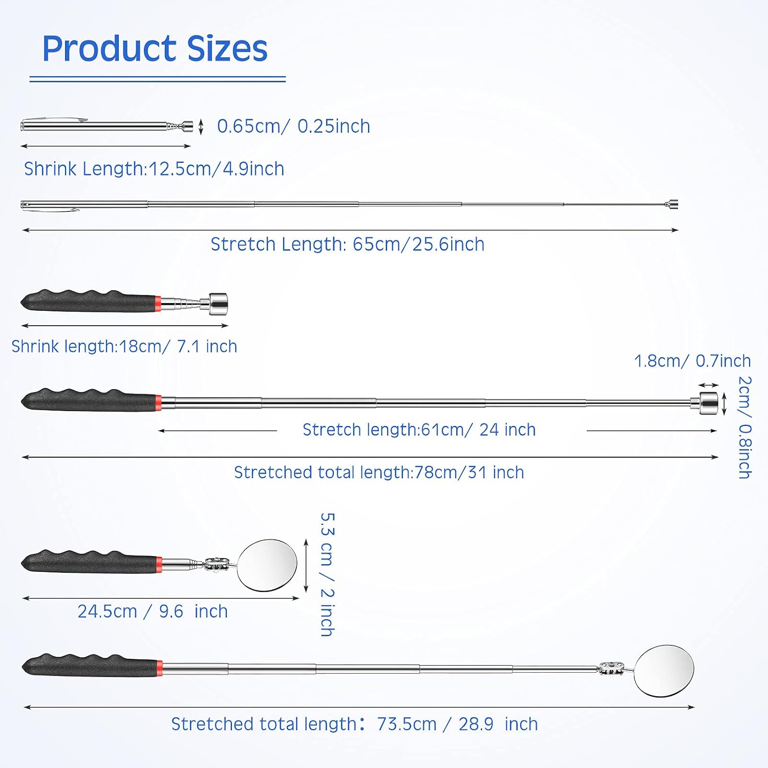 Patelai 4 Pieces Telescoping Magnet Pick up Tool Set Extendable Claw Grabber Tool Bendable Spring Telescoping Inspection Mirror 2 Lb/ 20 lb Magnetic Stick Gadget for Home Sink Drains Father's Day gift