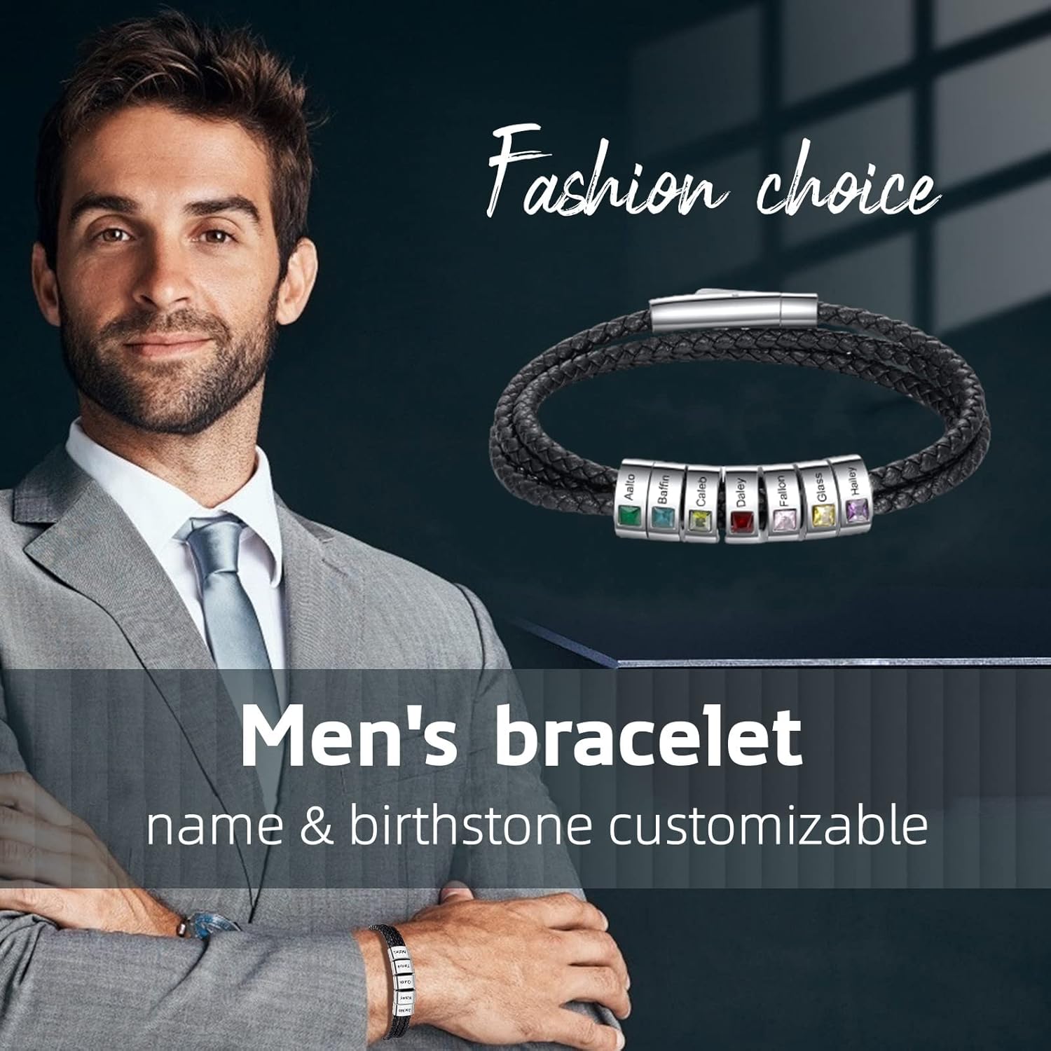 Personalized Mens Braid Bracelet Custom Bracelet with 1-8 Engraved Beads Family Names Jewelry Gifts for Men Father's day