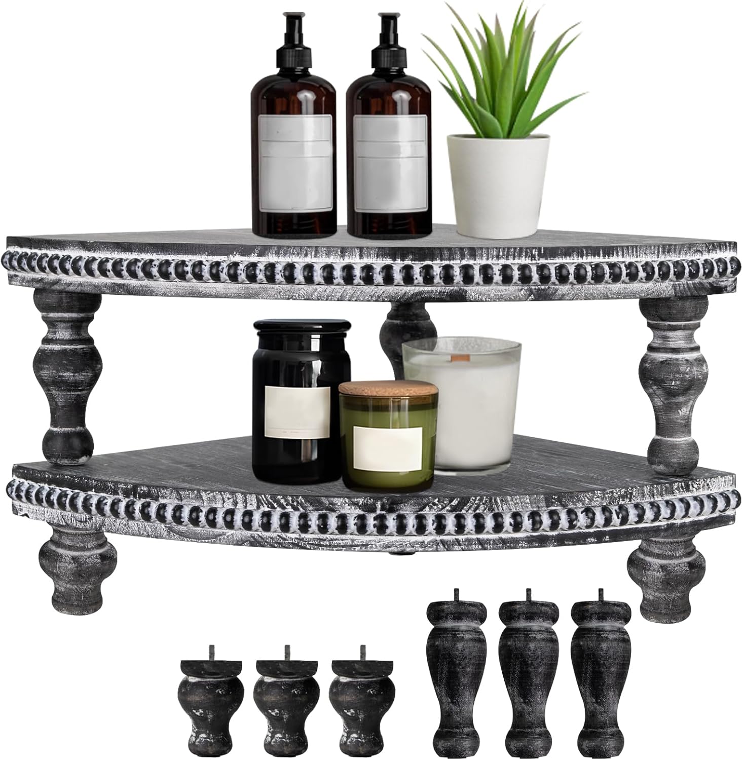 MAONAME Vintage Black Corner Pedestal Stand, Rustic Decorative Riser for Display, Farmhouse Wood Corner Counter Shelf with Beaded, Set of 2