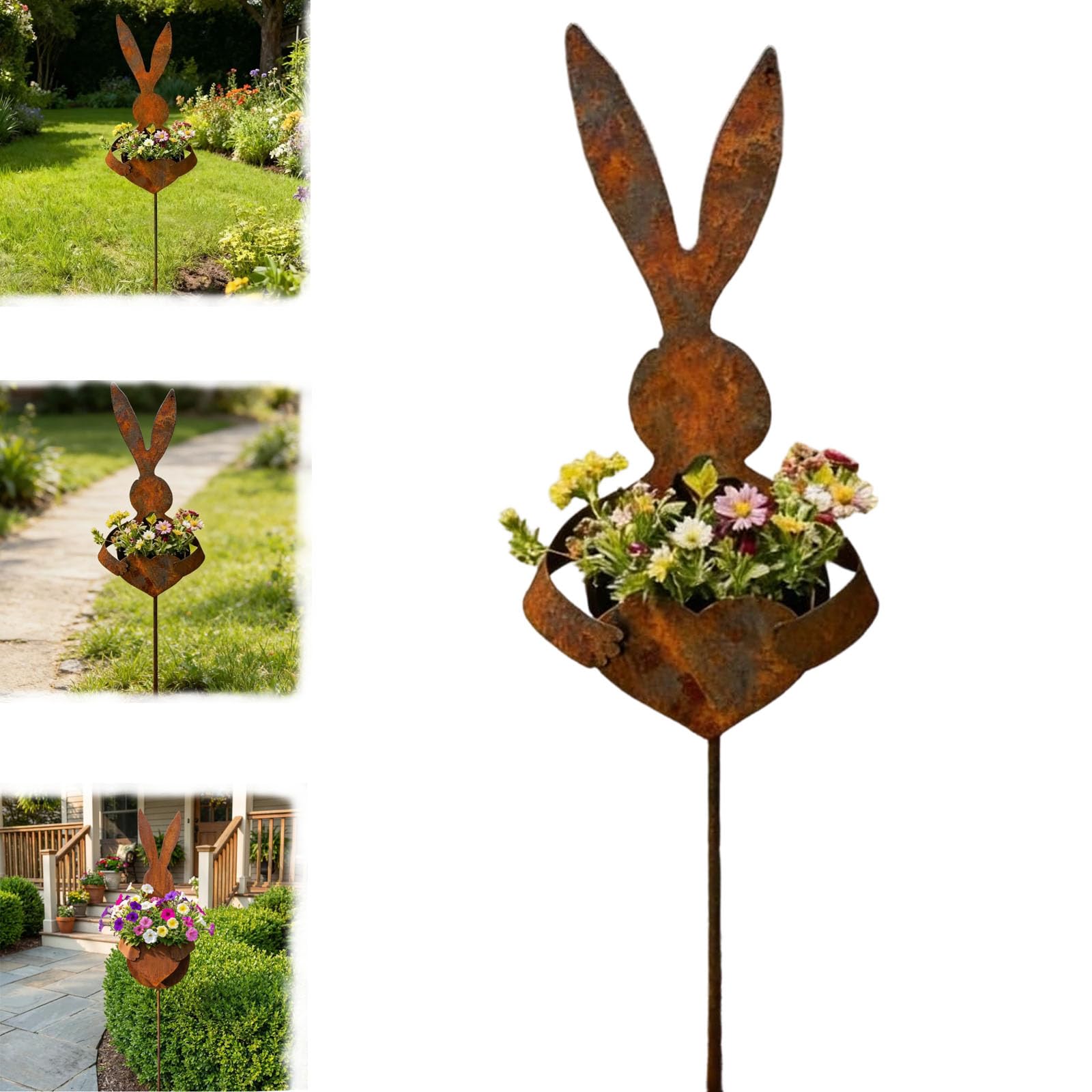 Easter Vintage Metal Rabbit Shaped Planter Garden Stake, Rustic Patina Finish Bunny Decor, for Outdoor Garden Yard, for Celebrate Easter Outdoors (#1pc)