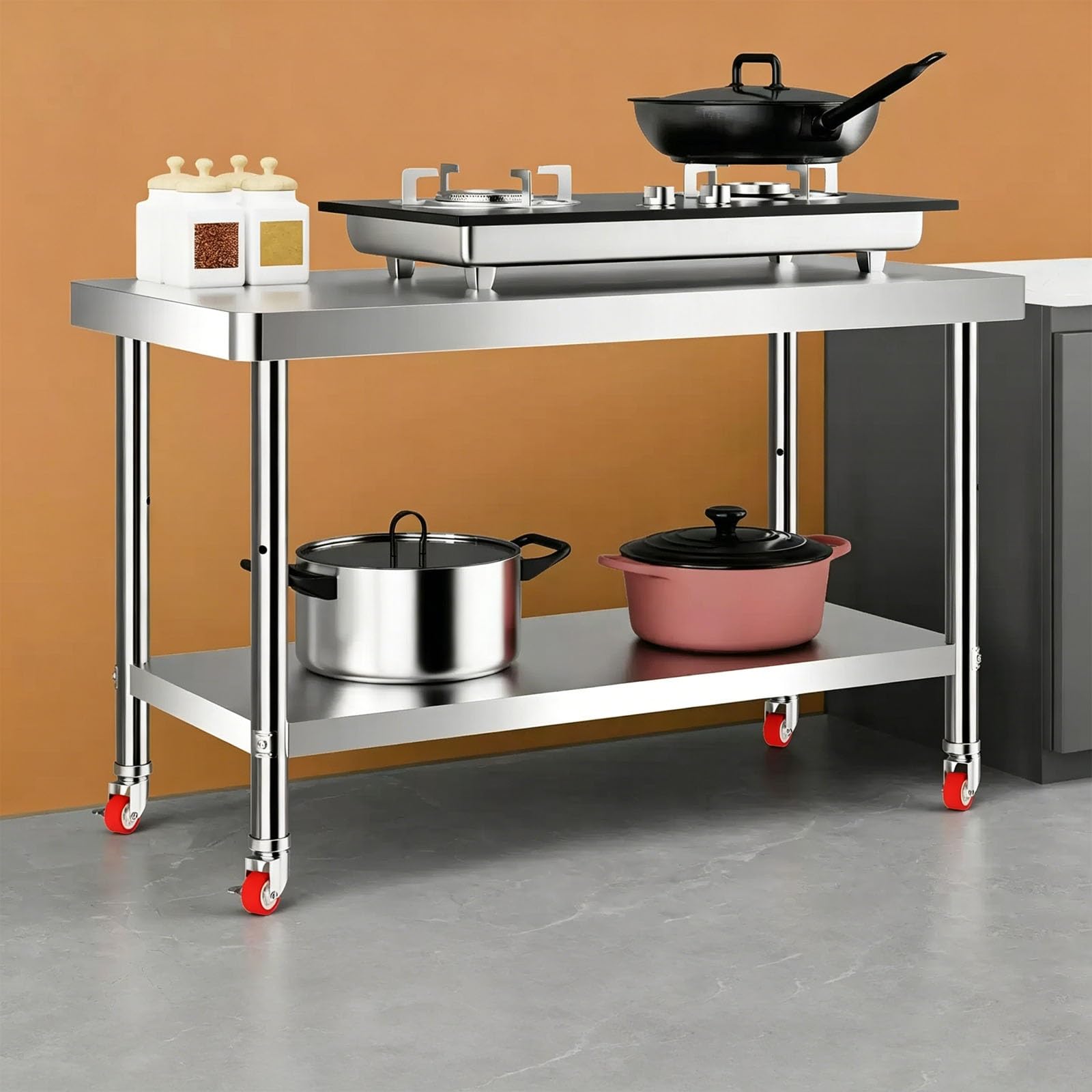 Tavolo da lavoro in acciaio inossidabile, tavolo da catering a 3 piani con ruote, tavolo per la preparazione degli alimenti per ristorante e casa, 90 x 50 x 80 cm