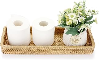 Sumnacon 16 Inch Rattan Wicker Bathroom Vanity Tray - Decorative Toilet Tank Storage Basket for Towels, Toiletries, Kitchen Countertop