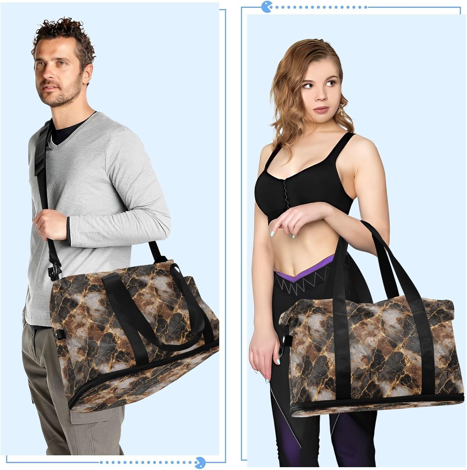 Multifunctional Large Bag Brown Marble Gold Sports Gym Tote Bag with Adjustable Strap for Hiking