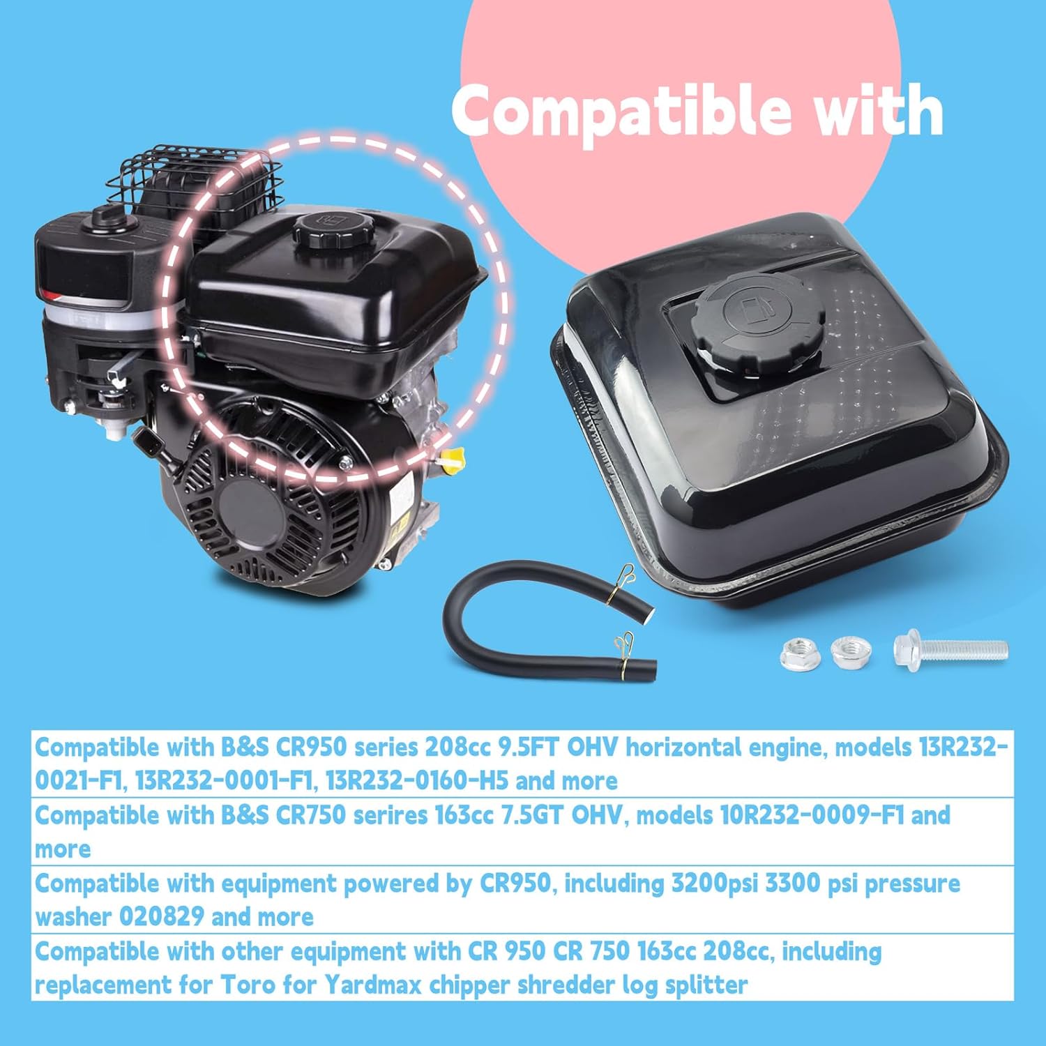 Gas Fuel Tank Compatible with B&S CR750 CR950 208cc 163cc 5HP 6.5HP OHV Horizontal Engine Pressure Washer Water Pump for Toro & for Yardmax Chipper Shredder Log Splitter