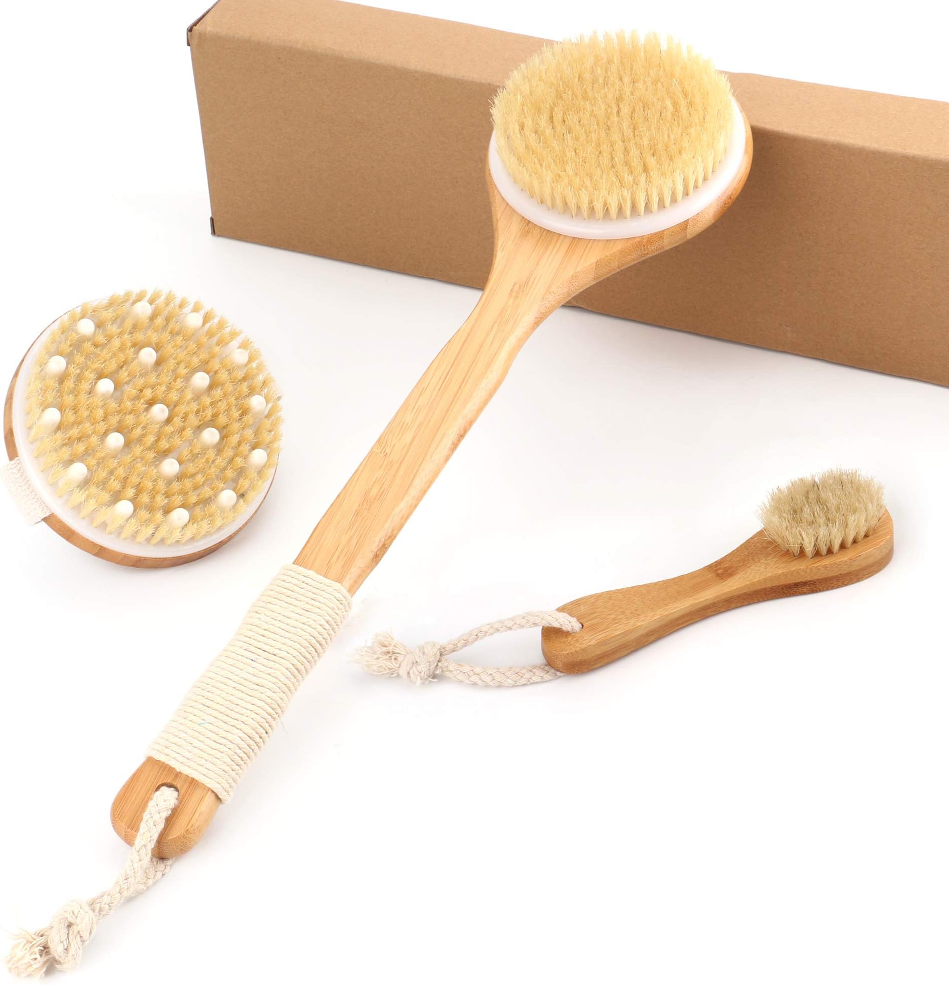 Bath Body Brush Set (3-Piece) - Wet or Dry Back Shower Scrubber