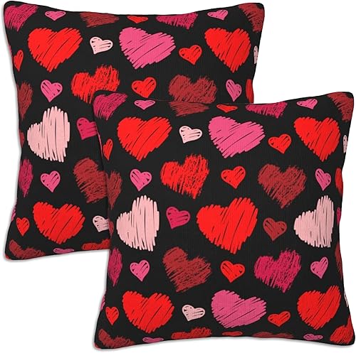 Paquete de 2 fundas de almohada para el día de San Valentín de 18 x 18 pulgadas, fundas de almohada con corazones rosa, rojo y negro, fundas de