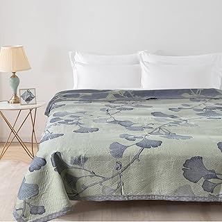 Ginkgo Leaf Quilt Queen Size Green Gray Reversible Cotton Bedspread Coverlet for All Seasons Lightweight Muslin Quilt Throw Blanket for Bed, Couch(Queen)