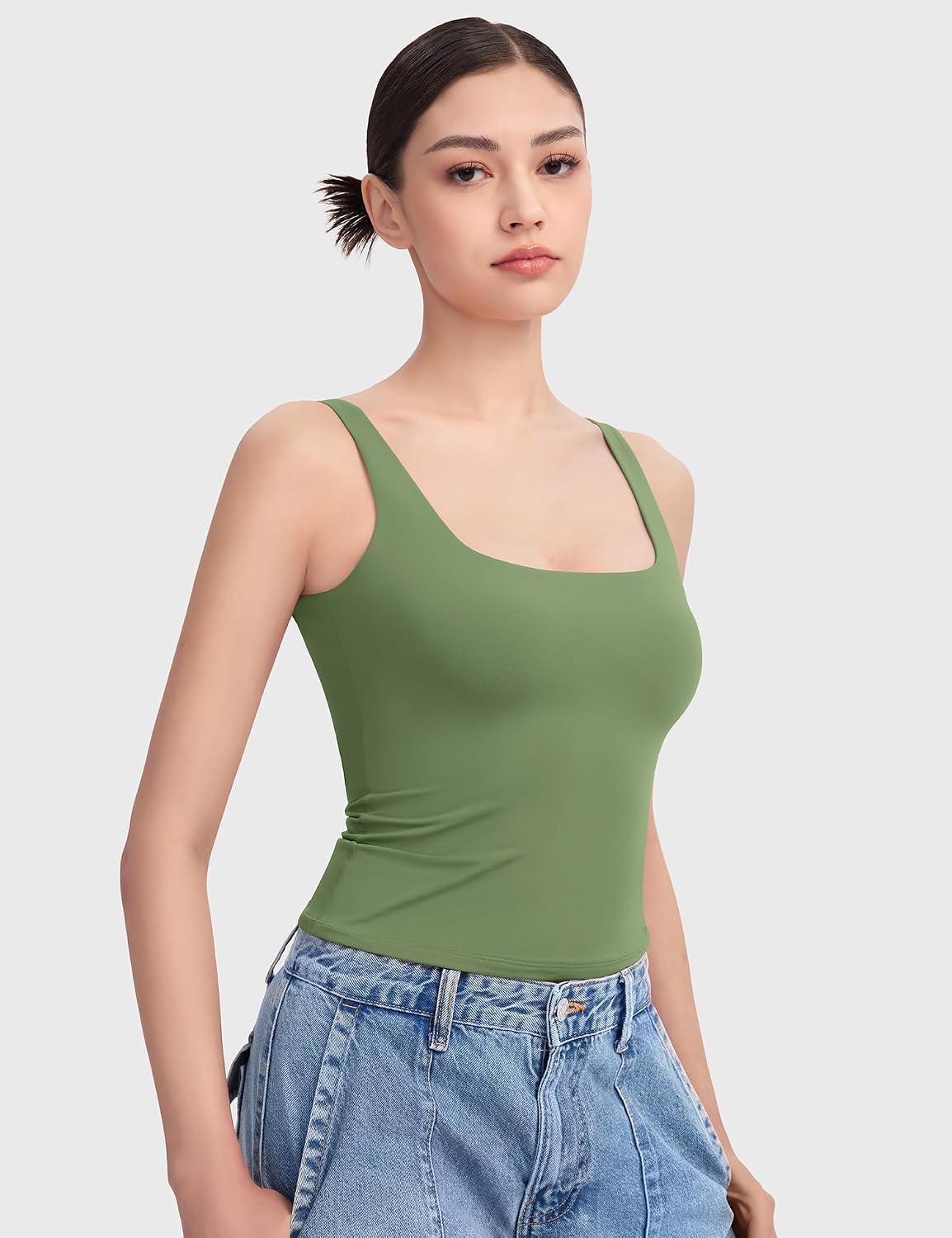 PUMIEY Women's Square Neck Tank Top Sleeveless Double Lined Basic Tops Sharp Collection