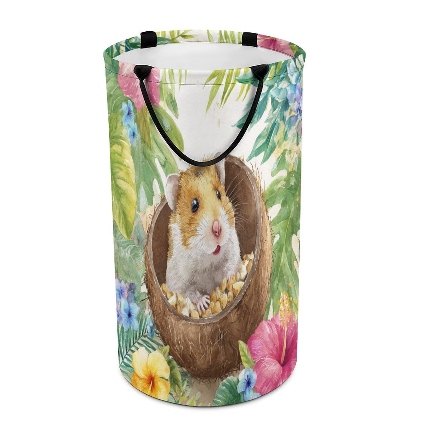 LUYYSKY Beautiful Funny Cute Hamster Collapsible Dirty Clothes Basket, Colorful Realistic Palm Leaves Animals Hamster Flowers Portable Clothes Storage Basket