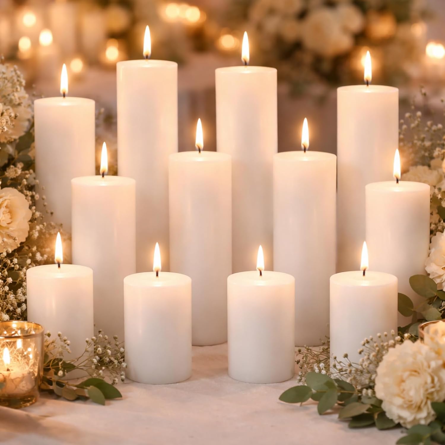 Lounsweer 12 Pcs Pillar Candles Bulk for Wedding Unscented Pillar Candles 3 Set 2 x 3/6/8 Inch Multi Size for Weddings Engagement Spa Home Party Events Ceremony(White)