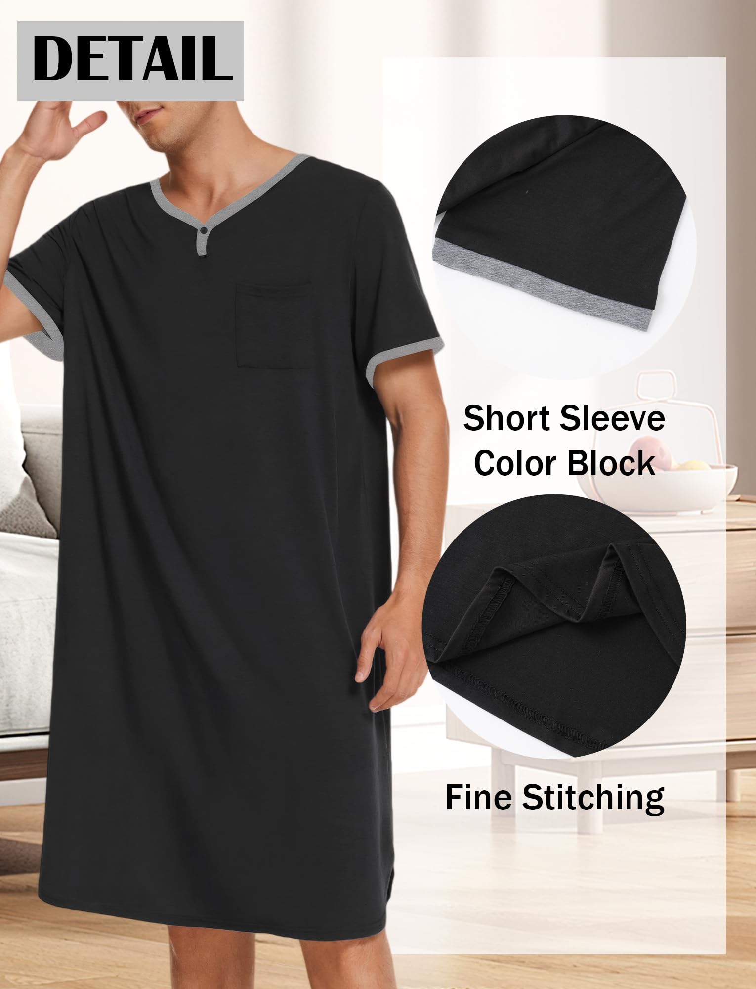 Maeau Chemise de nuit d'été à manches courtes pour homme, vêtement de nuit ample, doux, décontracté, chemise de nuit longue et légère