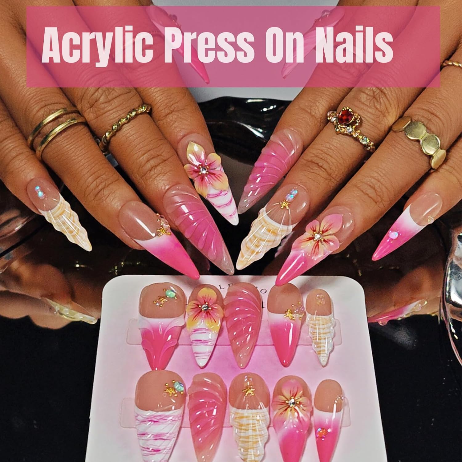 Handmade Press On Nails Stiletto, Pink Press On Nails Long, Flower 3D Acrylic Nails French Tip Gradient Blush Shell For Women Gift, Reusable Stick On Fake Nails Kit With Nail Glue(Blushing Blooms-M)
