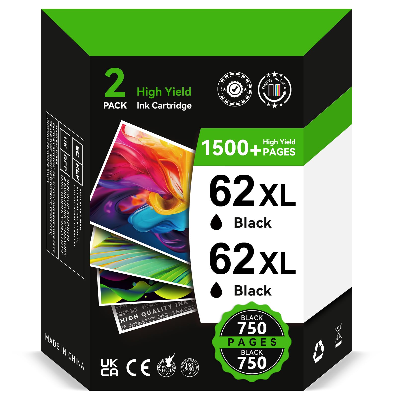 Cartuccia 62 XL Nero- 2X 750 Pagine, Rigenerato per Cartucce HP 62 Nero Originali, Inchiostro Stampante 62 XL Nero Compatibili con OfficeJet 200 250 5742 5740 Envy 7640 5540 5640 5544 5646 5548 5545