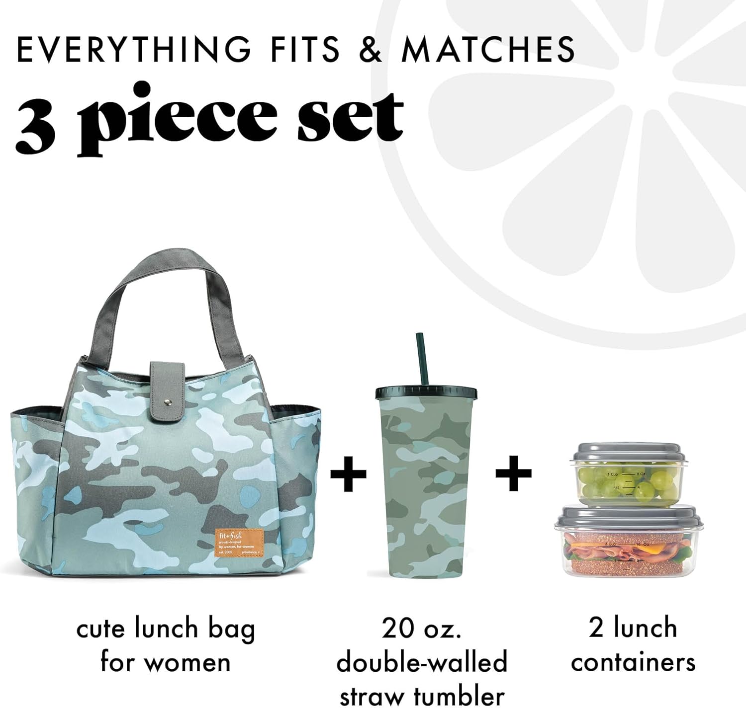 Fit & Fresh Lunch Bag For Women, Insulated Womens Lunch Bag For Work, Leakproof & Stain-Resistant Large Lunch Box For Women With Containers and Matching Tumbler, Snap Closure Westport Bag Sage Camo - Image 2
