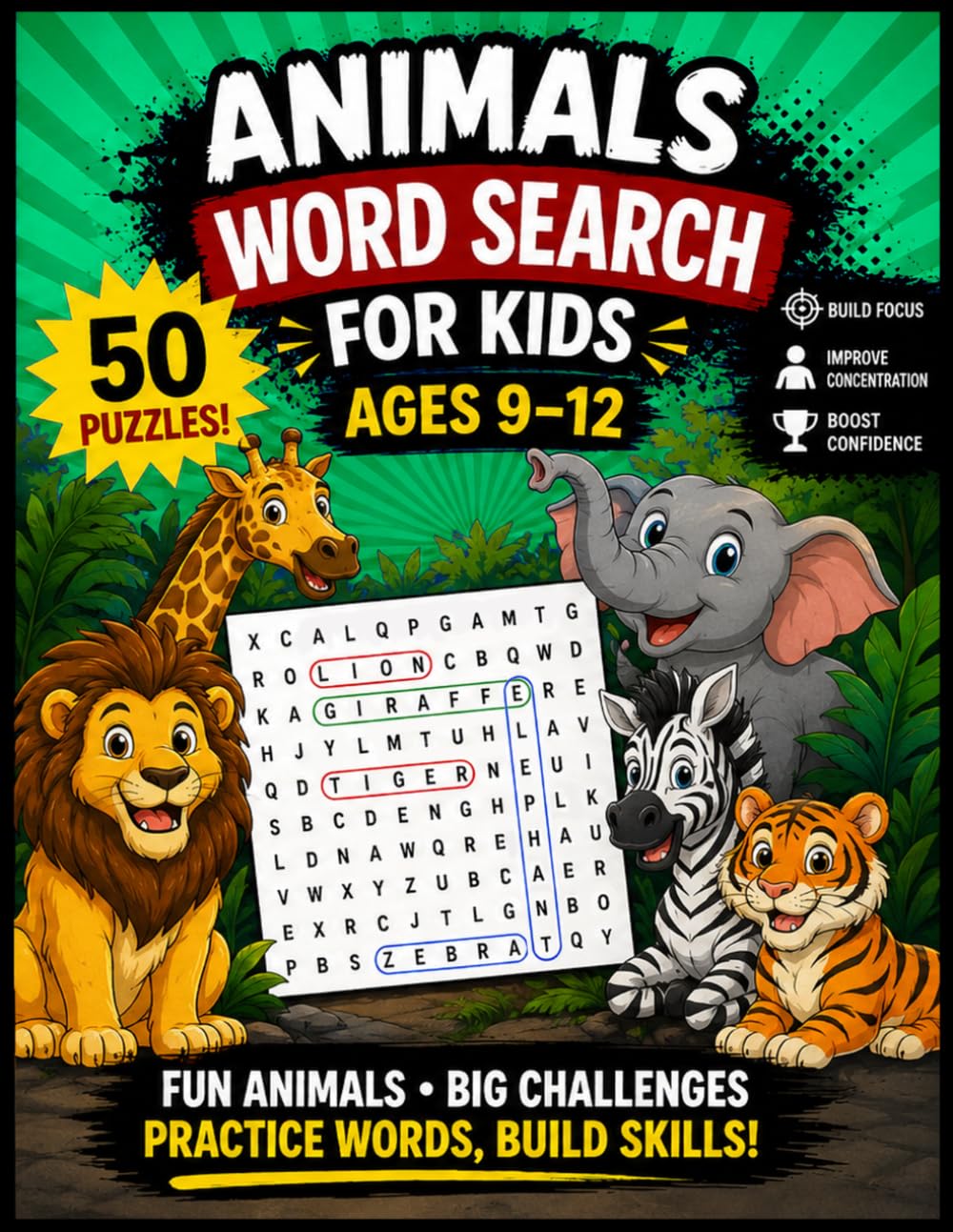 Animals Word Search for Kids Ages 9-12: 50 Fun Puzzles Featuring Farm, Jungle, Ocean & Wild Animals (Art Sorcery Kids Adventures)