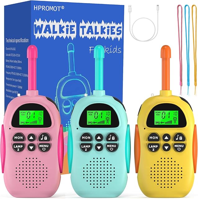 HPROMOT Rechargeable Walkie Talkies for Kids: 3 Pack Kids Walkie Talkies, Long Range 22 Channels 2 Way Radio Kids Birthday Toy Gift for 3-12 Year Old Boys Girls Outdoor Adventures Camping Hiking