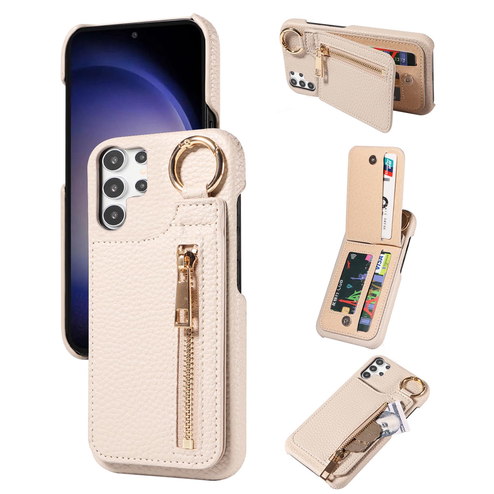 Furiet Wallet Case for Samsung Galaxy S23 Ultra 5G with Luxury PU Leather Slim Thin Soft Zipper Ring Buckle Flip Purse Credit Card Holder Stand Phone Cover for S23Ultra 23S S 23 23Ultra 6.8 inch White