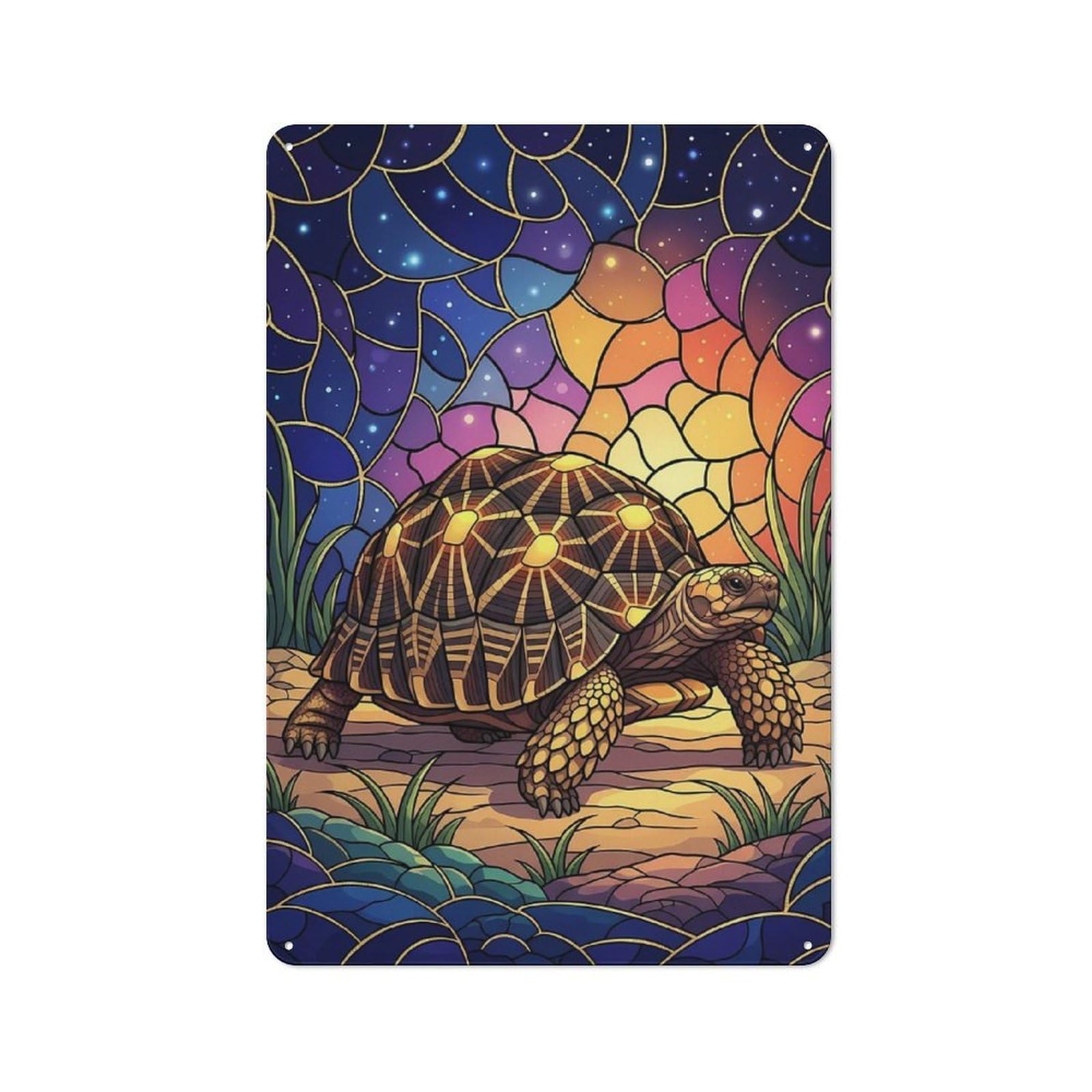 Junmoney Stained Glass Turtle Retro Tin Wall Plaque 30X20cm For Home Office Or Studio, Wall Decoration For Home Offices And Studios