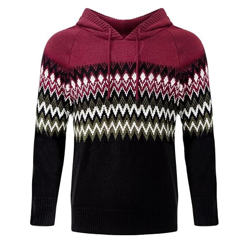 Men's Casual Cable Knit Drawstring Hoodies Pullover Sweater Color Block