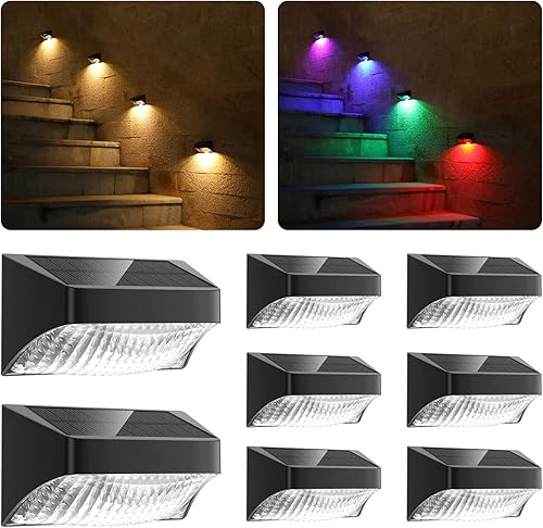 Luces solares para valla, RGB de 10 modos de trabajo, luces solares para terraza, exteriores, impermeables, luces solares LED de pared para