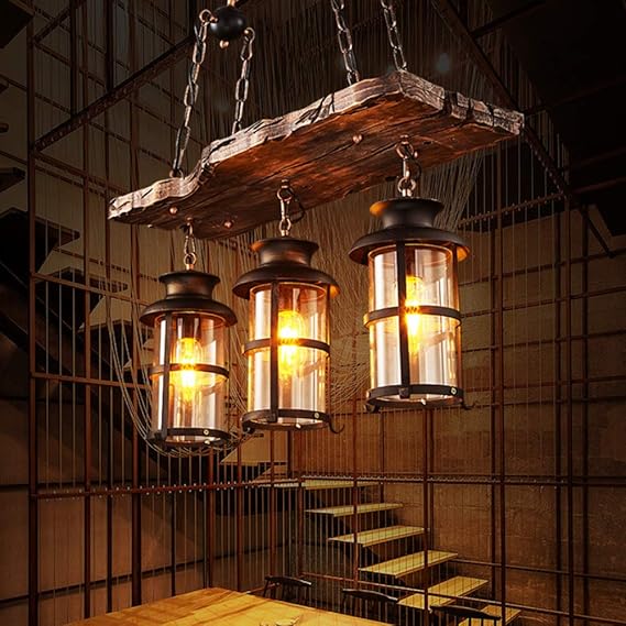 AUCF Vintage hanglamp E27 industriële kroonluchter vintage houten hanglamp zwart ijzer glas lampenkap in hoogte verstelbare hanglamp 3 vlammen verlichting loft eetkamer woonkamer bar decoratieve lamp photo 3