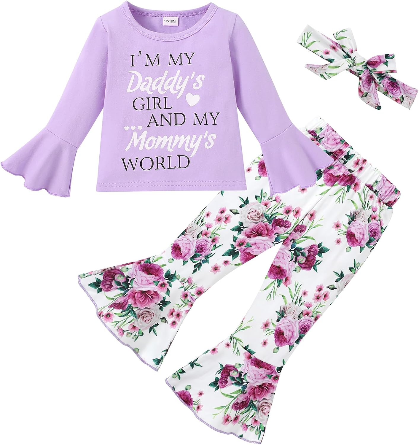 YALLET 3Pcs Toddler Baby Girl Clothes Girls Outfits Prints Top+ Flared Pants Fall Winter Girl Clothing Set 12 Months-5 Years