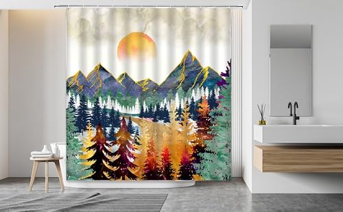Jejomeag Abstract Mountain Shower Curtain Sunrise Sunset Forest Colorful Pine Tree Natural Landscape Bathroom Decor Curtains With Hook #TOP3
