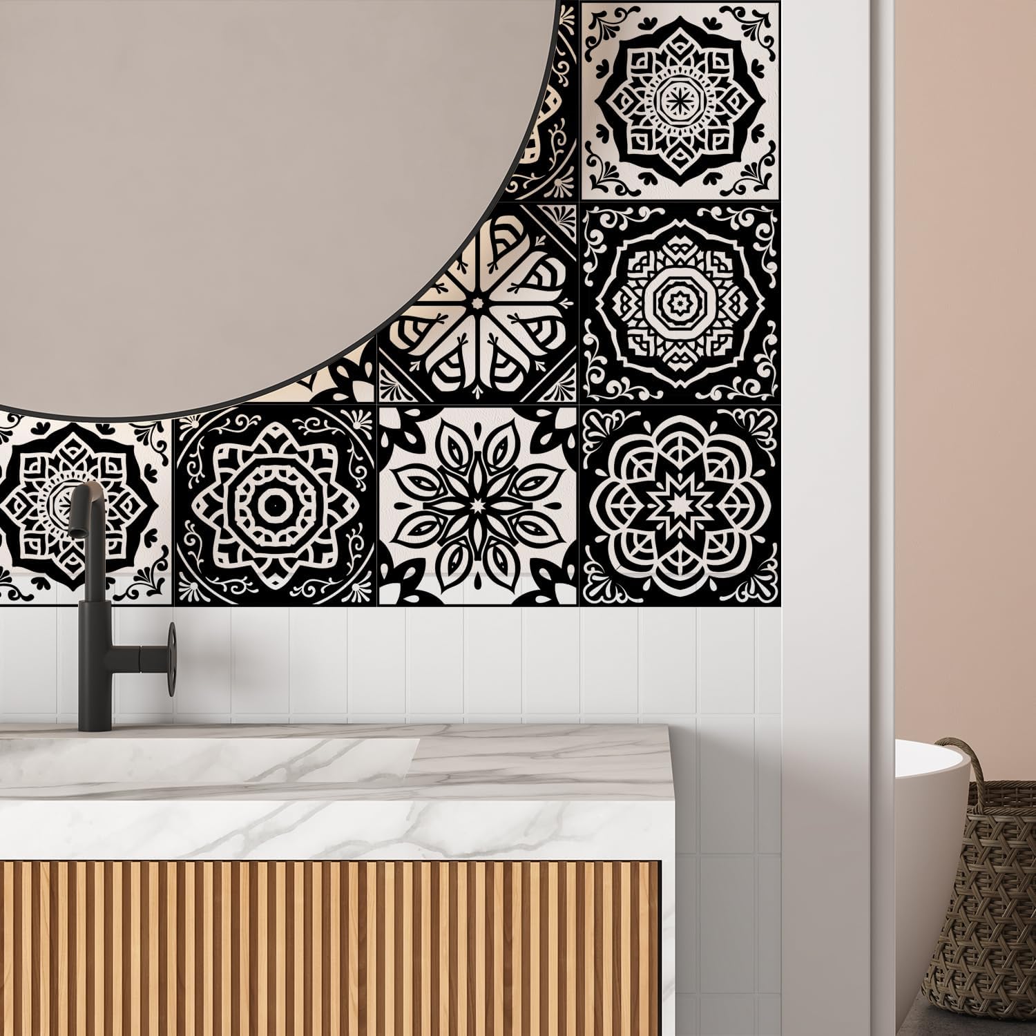 Alwayspon 24Pcs Mandala Matte Wall Tile Sticker Transfer Peel and Stick, Self-Adhesive Vinyl Backsplsh Tile Decals for Kitchen Bathroom, 15x15CM/6x6inch, Black T63