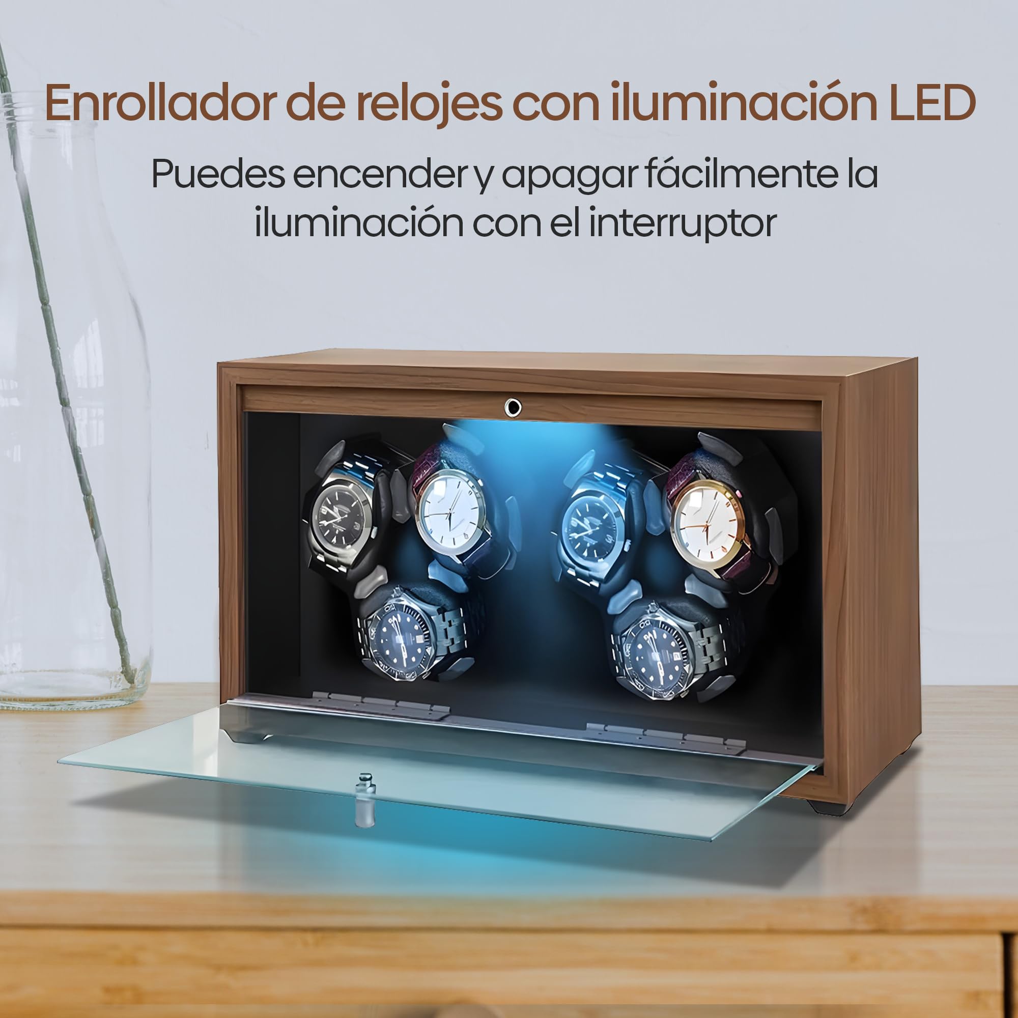 Olvy Caja giratoria para 6 relojes, motor Mabuchi extremadamente silencioso, cojín flexible para reloj, madera