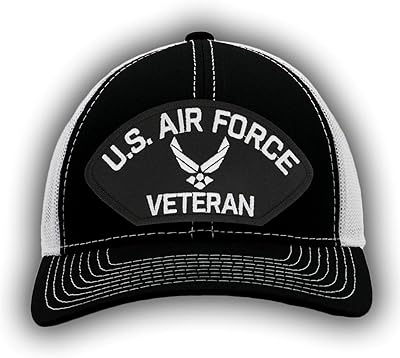 PATCHTOWN US Air Force Veteran (New Logo) Hat/Ballcap Adjustable One Size Fits Most (Multiple Colors & Styles) (Mesh-Back Black & White, Standard (No Flag))