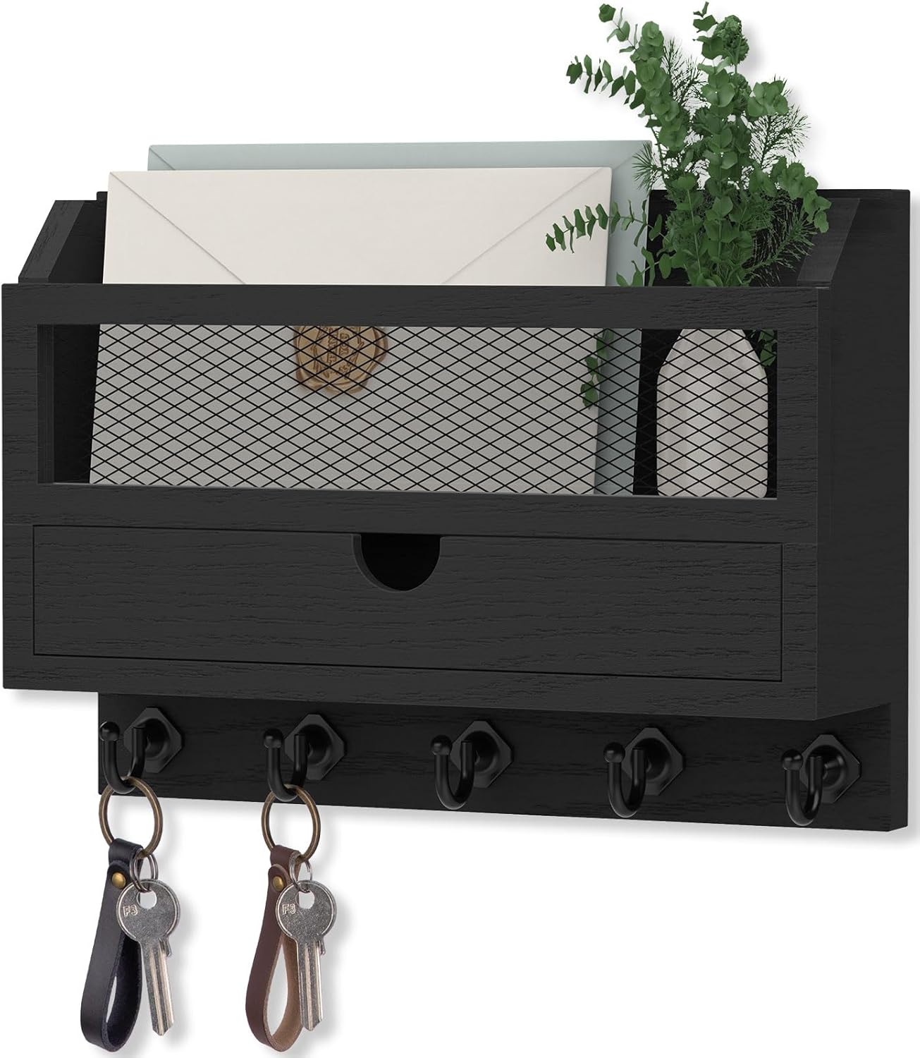 Nekon Key and Mail Holder for Wall, Key Organizer with 5 Hooks & Storage Drawer, 11" W x 7.9" H x 3.1" D Wooden Key Rack for Entryway and Home Decor (Black)
