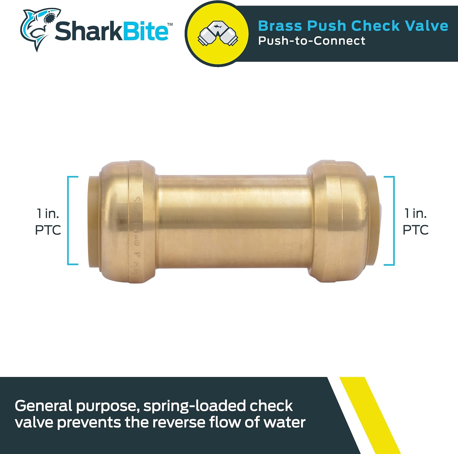 SharkBite 1 Inch Check Valve, Push to Connect Brass Plumbing Fitting, PEX Pipe, Copper, CPVC, PE-RT, HDPE, U2020-0000LFA