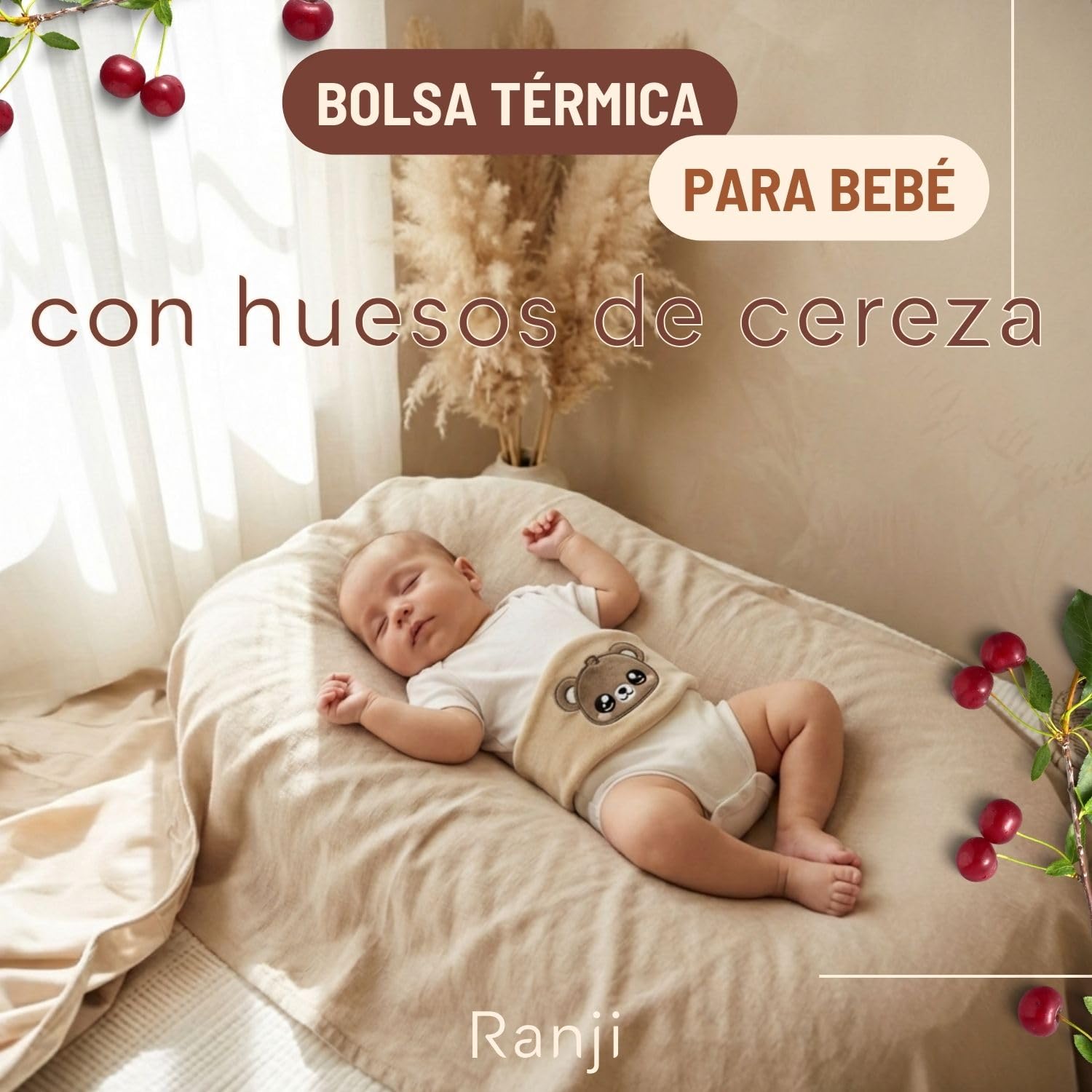 RANJI - Cuscino Coliche Neonato a Cintura con Noccioli di Ciliegia – Cuscino Termico Microonde per Coliche Neonato, Cotone Bio GOTS & Tessuti OEKO-TEX, Scalda Pancia Regolabile (Orsetto) - 3