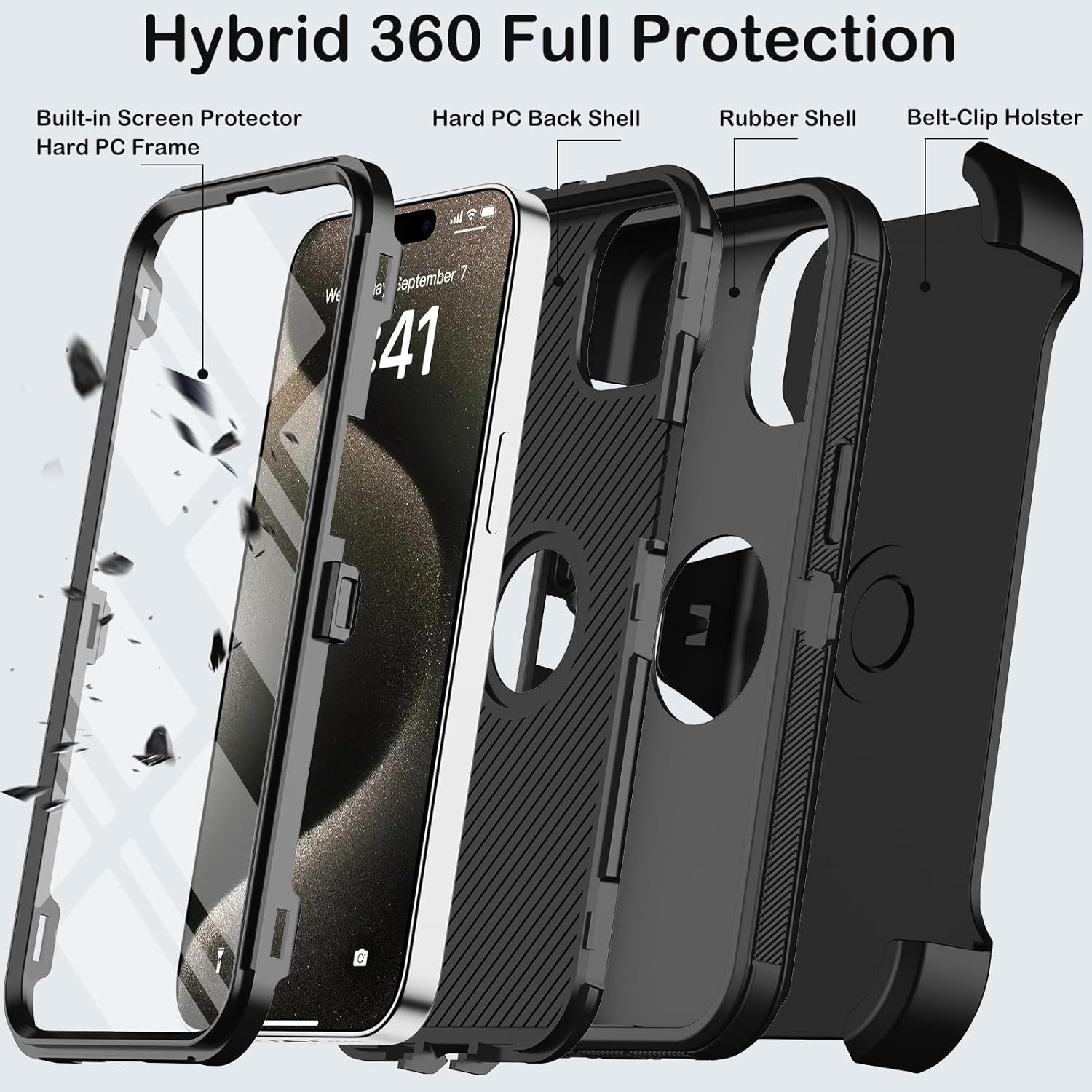 for iPhone 15 Pro Max Case with Belt Clip Holster,Built-in Screen Protector,Heavy Duty Shockproof Drop Protection Military Grade 3 Layers Rugged Phone Cover with Kickstand for Apple 15 ProMax (Black) - Image 3