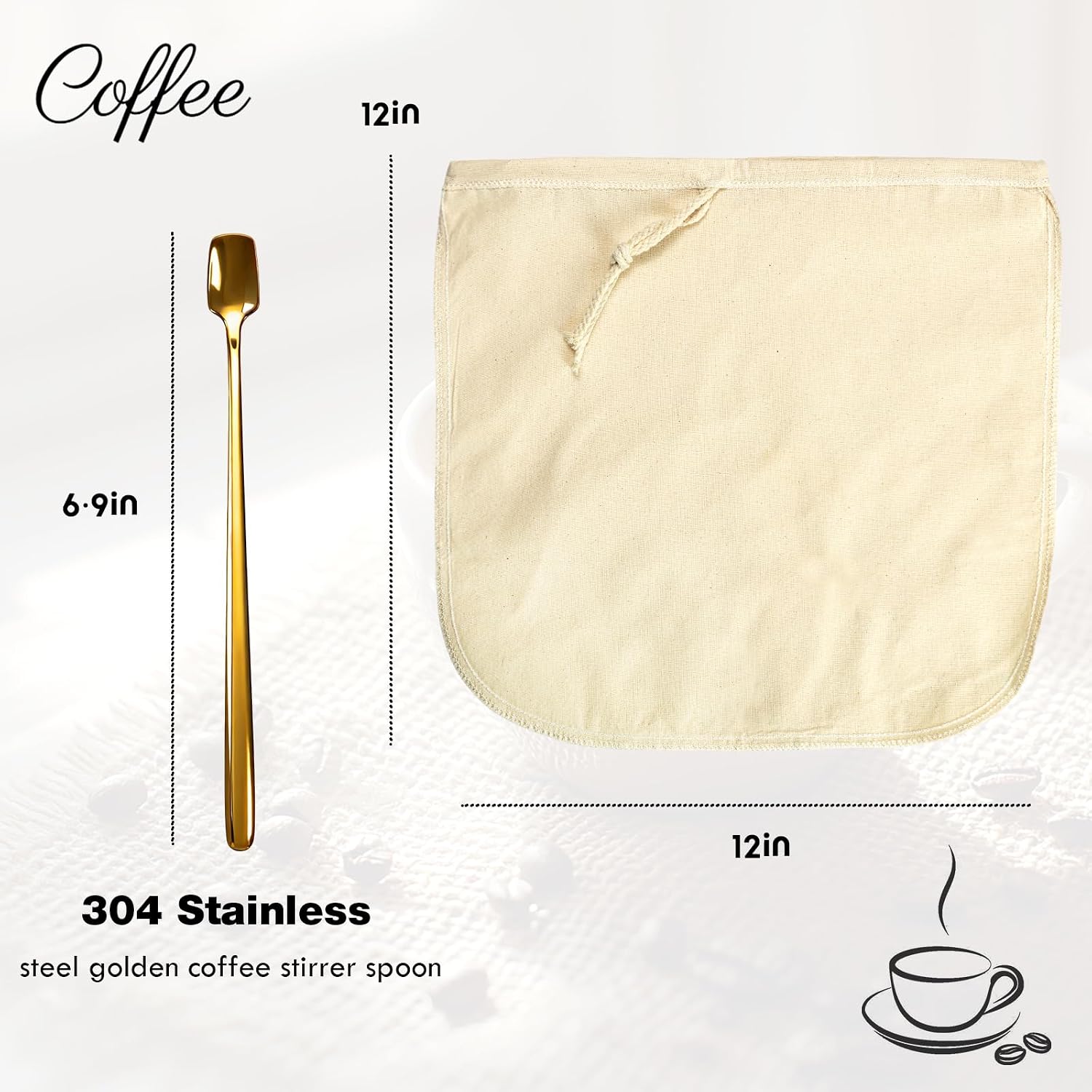 Reusable Cold Brew Filter Bags for Toddy Systems - 12.8 Inch Large, 2-Pack & 2 Bonus 304 Golden Spoons | 100% Natural Organic Cotton, Multi-Use Cold Brew Coffee Bag image 2