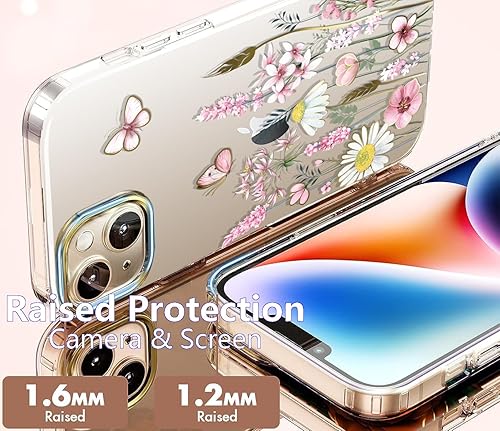 Miniatura 5 de luolnh Funda compatible con iPhone 15 con correa de muñeca, para mujeres y niñas, a prueba de golpes, transparente, patrón floral, cubierta trasera