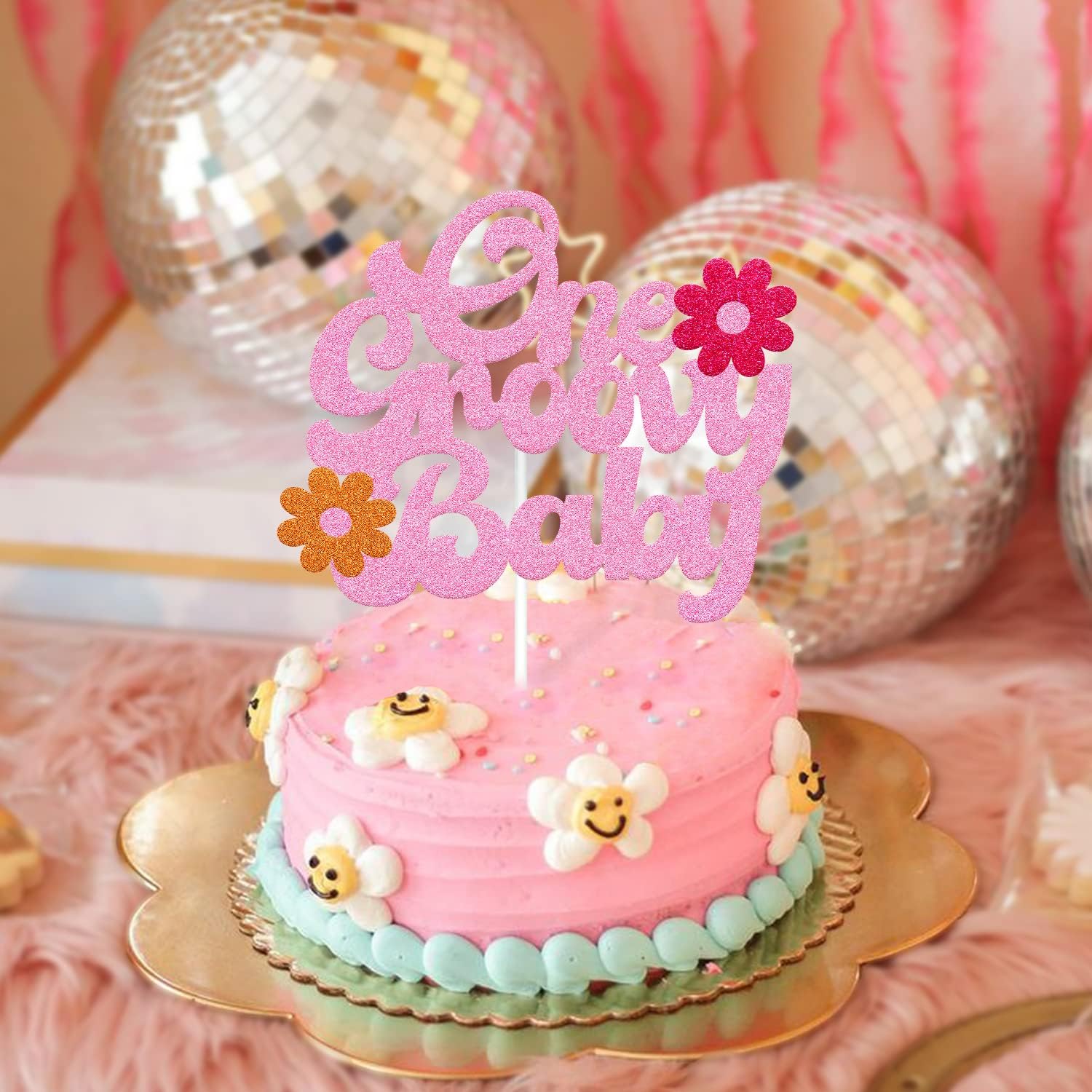One Groovy Baby Cake Topper One Groovy Party Decorations Hippie Flower Boho 60S Theme for Girl First Birthday One Groovy Baby Party Supplies