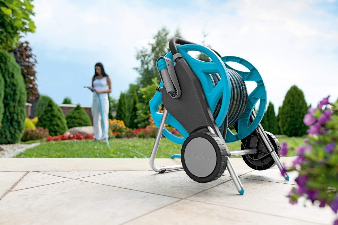 Cellfast Garden Discover, Trolley with Hose 1/2" 30m, Includes Sprinkler, 2 Connectors and Connection Set, Aluminium, Lightweight, Resistant to Corrosion, 55-630, Blue